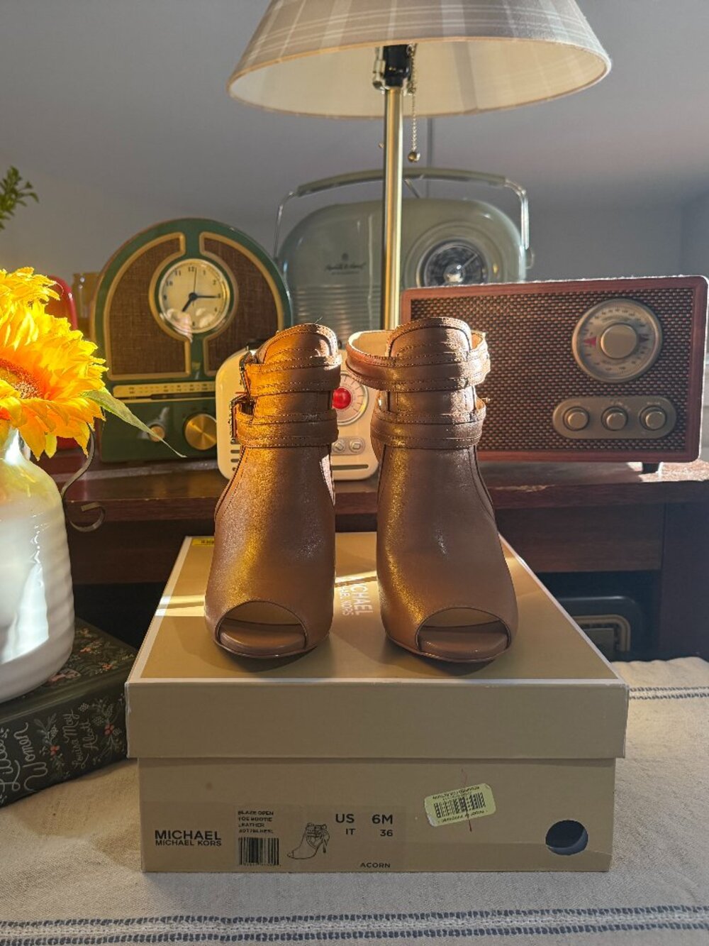 NWT Michael Kors Blaze Open Toe Leather Booties |Acorn | Size 6 |Buckle Stiletto